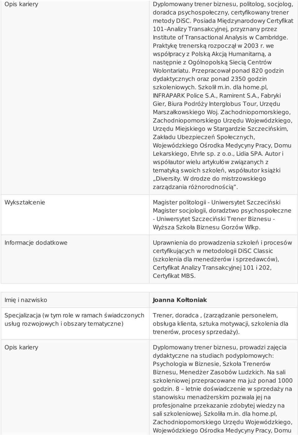 we współpracy z Polską Akcją Humanitarną, a następnie z Ogólnopolską Siecią Centrów Wolontariatu. Przepracował ponad 820 godzin dydaktycznych oraz ponad 2350 godzin szkoleniowych. Szkolił m.in. dla home.