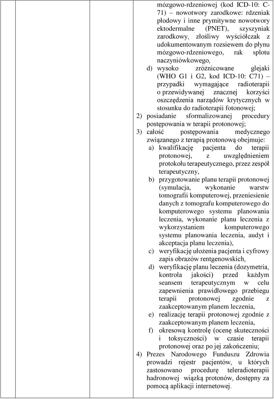 narządów krytycznych w stosunku do radioterapii fotonowej; 2) posiadanie sformalizowanej procedury postępowania w terapii protonowej; 3) całość postępowania medycznego związanego z terapią protonową