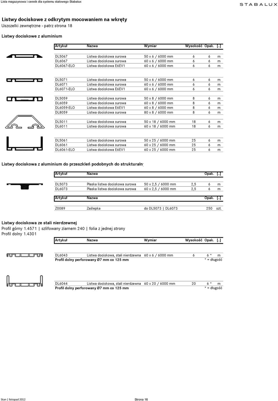 50 x 6 / 6000 mm 6 6 m DL6071 Listwa dociskowa surowa 60 x 6 / 6000 mm 6 6 m DL6071-ELO Listwa dociskowa E6EV1 60 x 6 / 6000 mm 6 6 m DL5059 Listwa dociskowa surowa 50 x 8 / 6000 mm 8 6 m DL6059