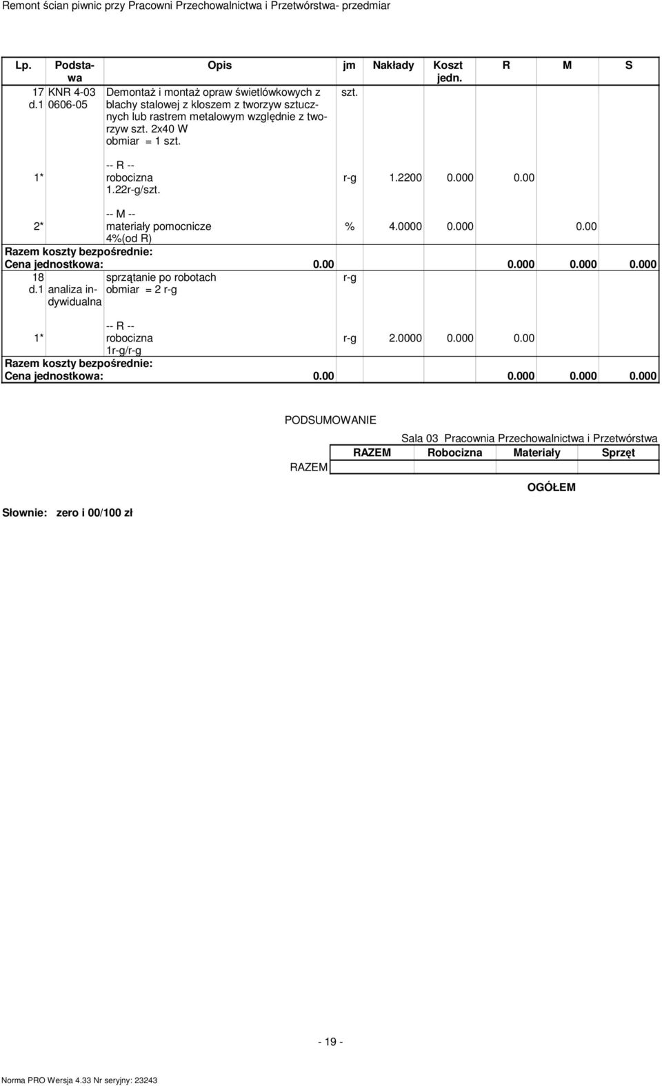 r-g 1.2200 0.000 0.00 2* materiały pomocnicze % 4.0000 0.000 0.00 4%(od R) 18 d.