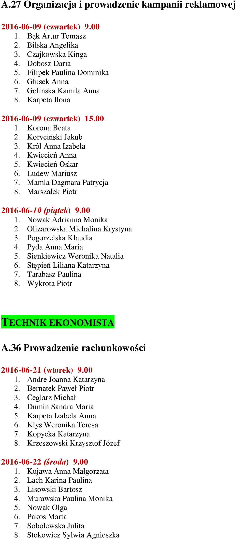 Mamla Dagmara Patrycja 8. Marszałek Piotr 2016-06-10 (piątek) 9.00 1. Nowak Adrianna Monika 2. Olizarowska Michalina Krystyna 3. Pogorzelska Klaudia 4. Pyda Anna Maria 5.