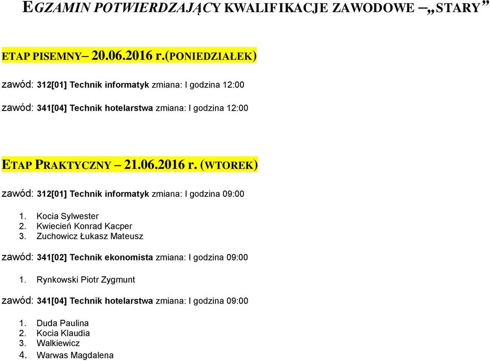 21.06.2016 r. (WTOREK) zawód: 312[01] Technik informatyk zmiana: I godzina 09:00 1. Kocia Sylwester 2. Kwiecień Konrad Kacper 3.