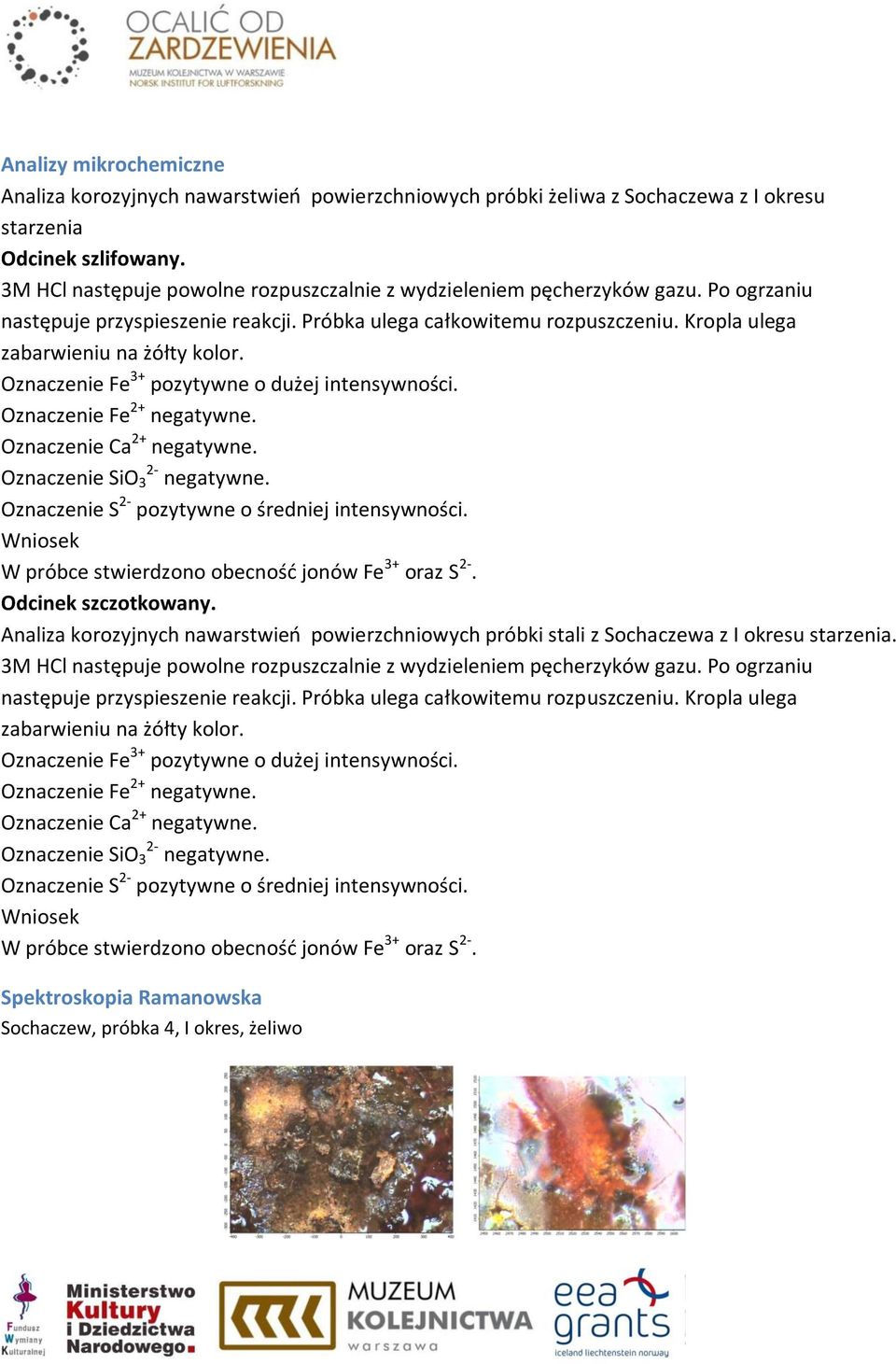 Oznaczenie Fe 3+ pozytywne o dużej intensywności. Oznaczenie Fe 2+ negatywne. Oznaczenie Ca 2+ negatywne. Oznaczenie SiO 3 2- negatywne. Oznaczenie S 2- pozytywne o średniej intensywności.