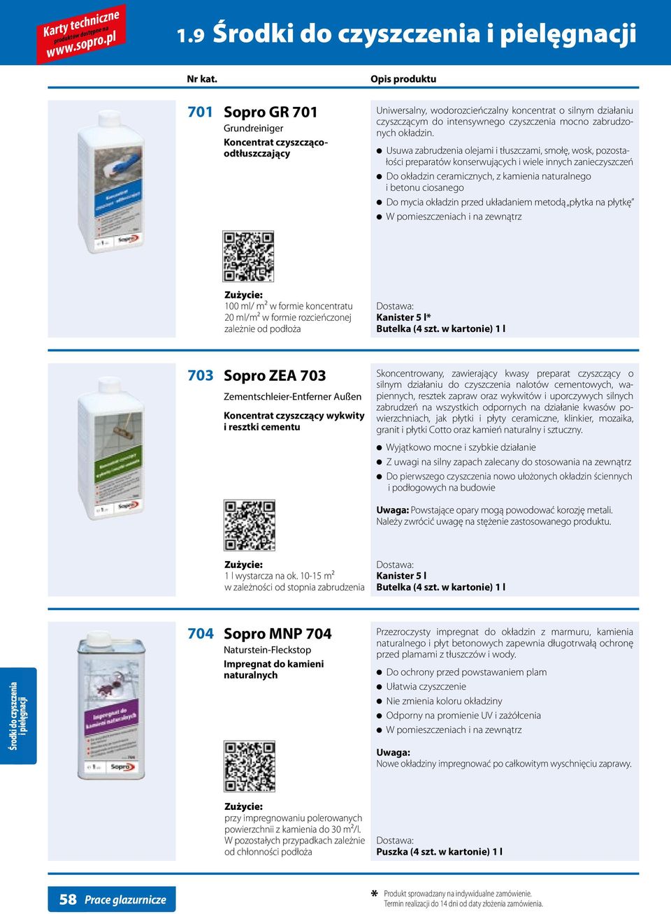 okładzin przed układaniem metodą płytka na płytkę 100 ml/ m² w formie koncentratu 20 ml/m² w formie rozcieńczonej zależnie od podłoża Kanister 5 l* 703 Sopro ZEA 703 Zementschleier-Entferner Außen