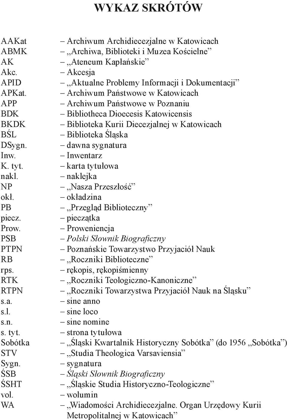 dawna sygnatura Inw. Inwentarz K. tyt. karta tytułowa nakl. naklejka NP Nasza Przeszłość okł. okładzina PB Przegląd Biblioteczny piecz. pieczątka Prow.