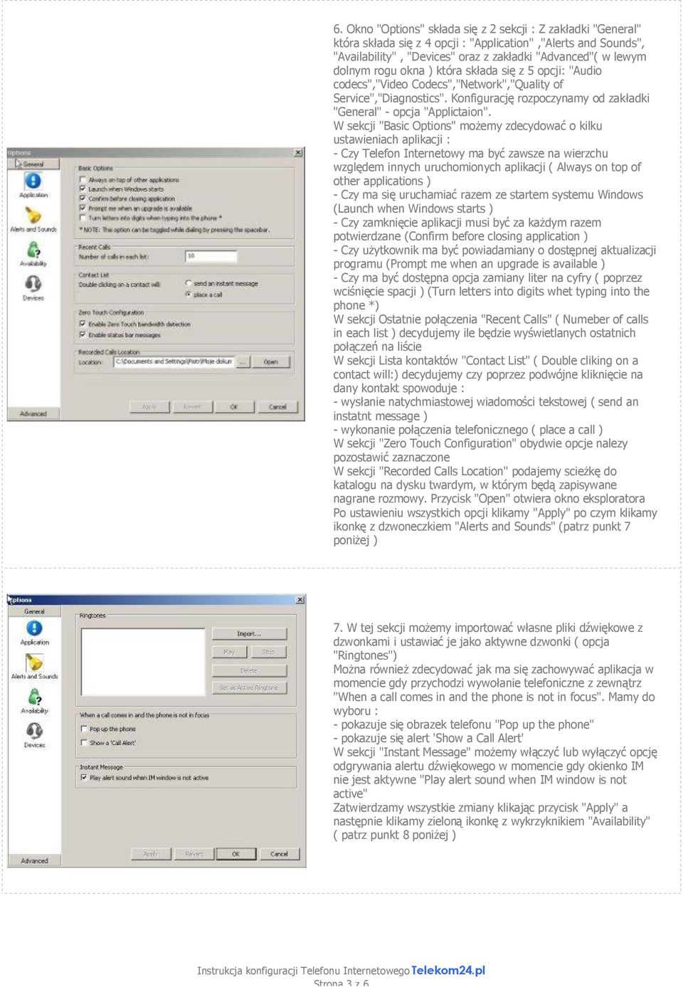 W sekcji "Basic Options" możemy zdecydować o kilku ustawieniach aplikacji : - Czy Telefon Internetowy ma być zawsze na wierzchu względem innych uruchomionych aplikacji ( Always on top of other