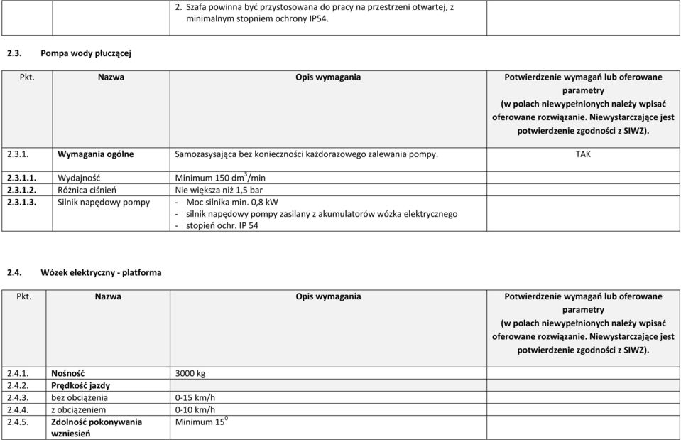 3.1.3. Silnik napędowy pompy - Moc silnika min. 0,8 kw - silnik napędowy pompy zasilany z akumulatorów wózka elektrycznego - stopień ochr. IP 54 