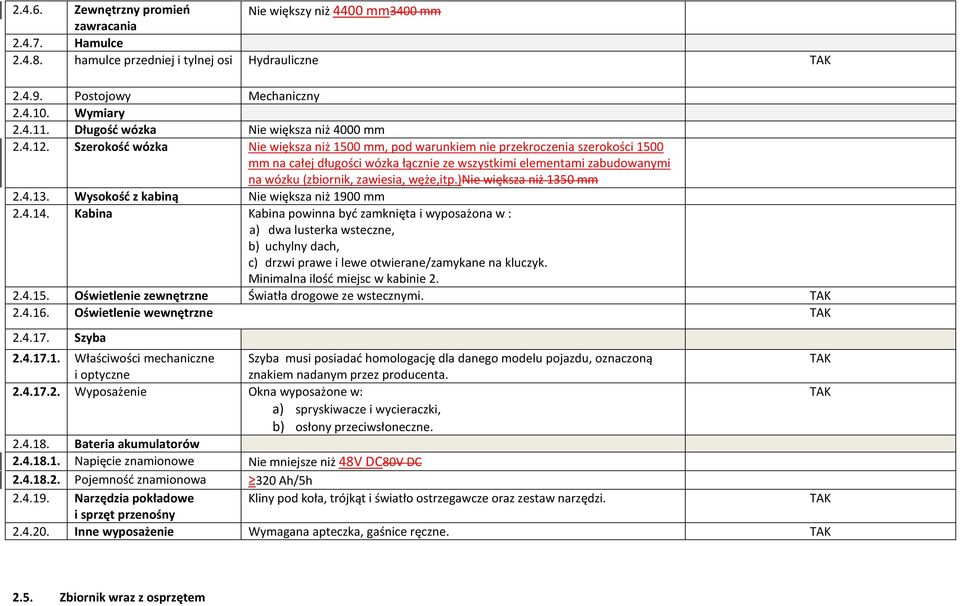 Szerokość wózka Nie większa niż 1500 mm, pod warunkiem nie przekroczenia szerokości 1500 mm na całej długości wózka łącznie ze wszystkimi elementami zabudowanymi na wózku (zbiornik, zawiesia,