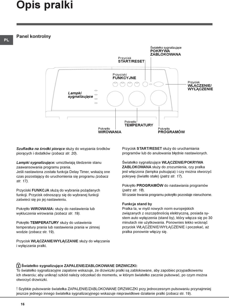 Lampki sygnalizujące: umożliwiają śledzenie stanu zaawansowania programu prania. Jeśli nastawiona została funkcja Delay Timer, wskażą one czas pozostający do uruchomienia się programu (zobacz str.