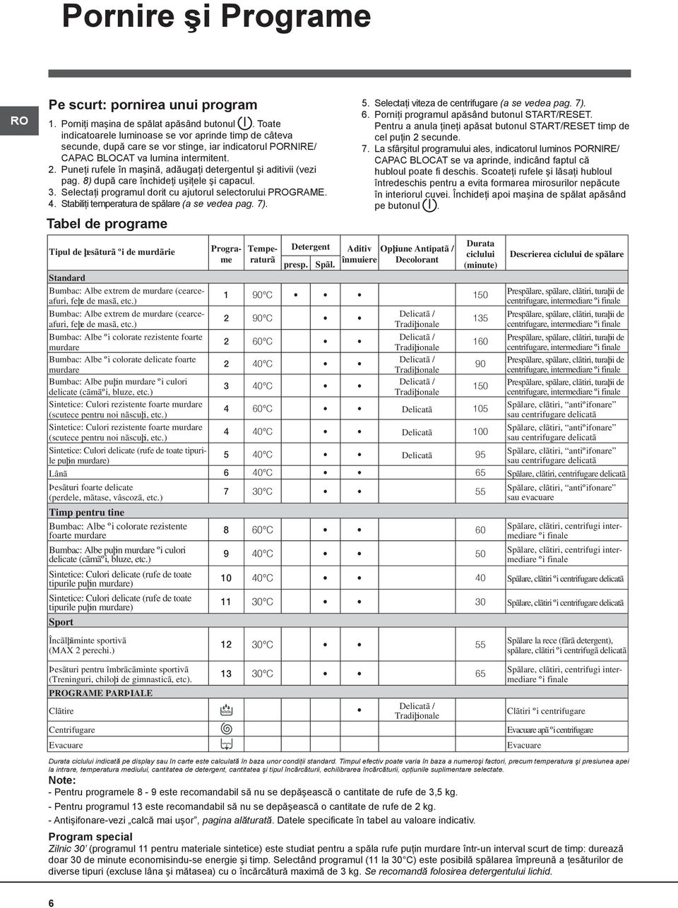 Puneţi rufele în maşină, adăugaţi detergentul şi aditivii (vezi pag. 8) după care închideţi uşiţele şi capacul. 3. Selectaţi programul dorit cu ajutorul selectorului PROGRAME. 4.