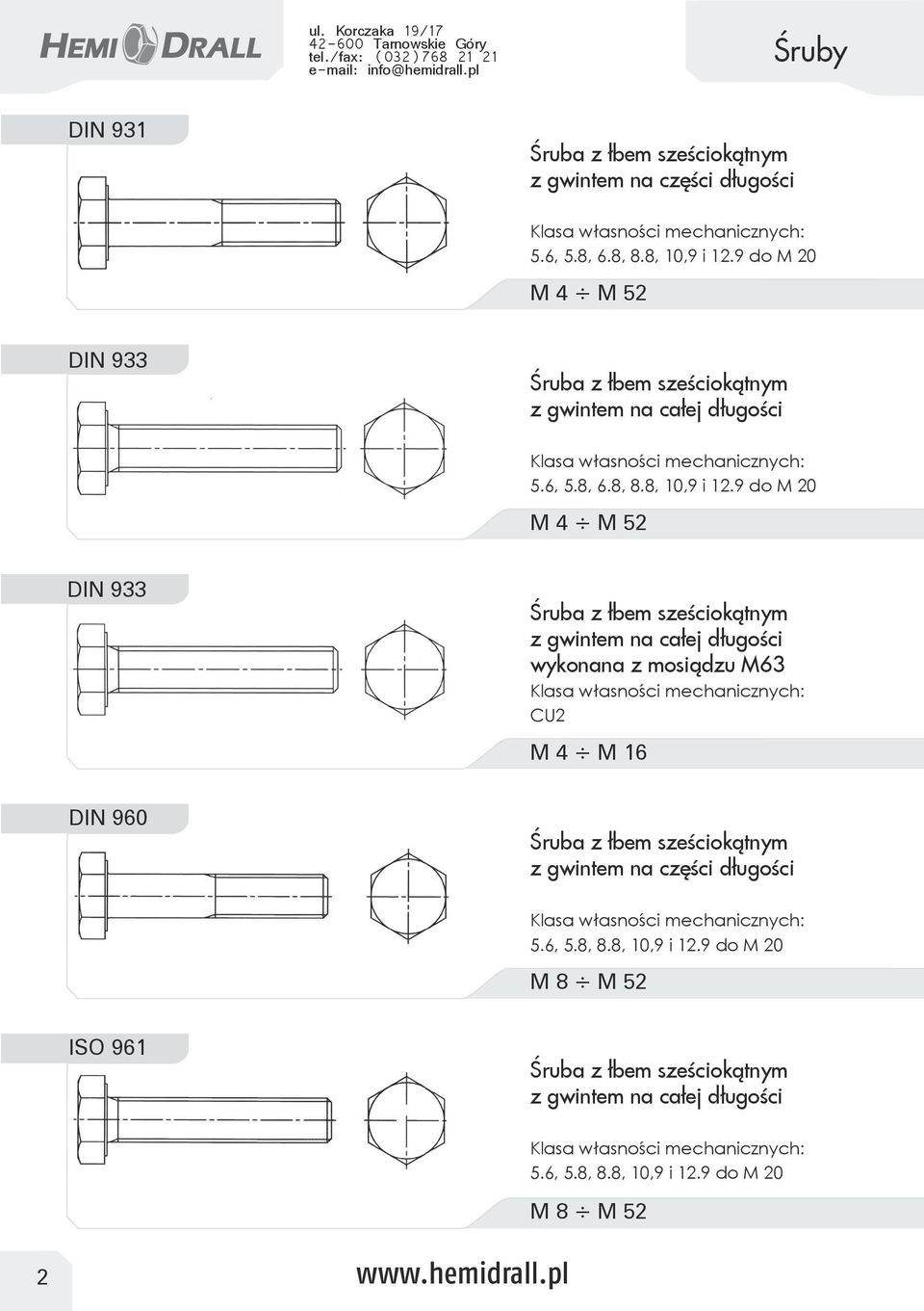 9 do M 20 M 4 M 52 DIN 933 5.6, 5.8, 6.8, 8.