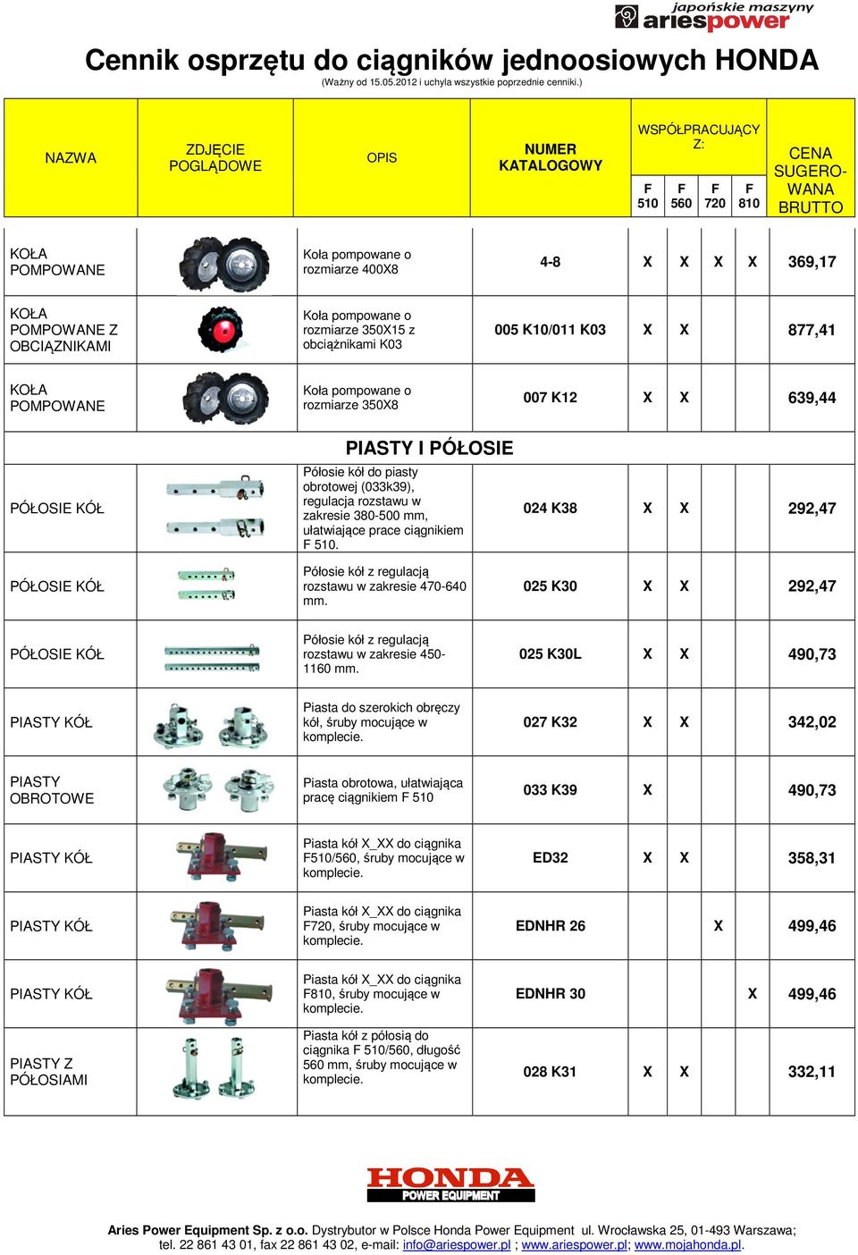 024 K38 X X 292,47 025 K30 X X 292,47 PÓŁOSIE KÓŁ Półosie kół z regulacją rozstawu w zakresie 450-1160 mm. 025 K30L X X 490,73 PIASTY KÓŁ Piasta do szerokich obręczy kół, śruby mocujące w komplecie.