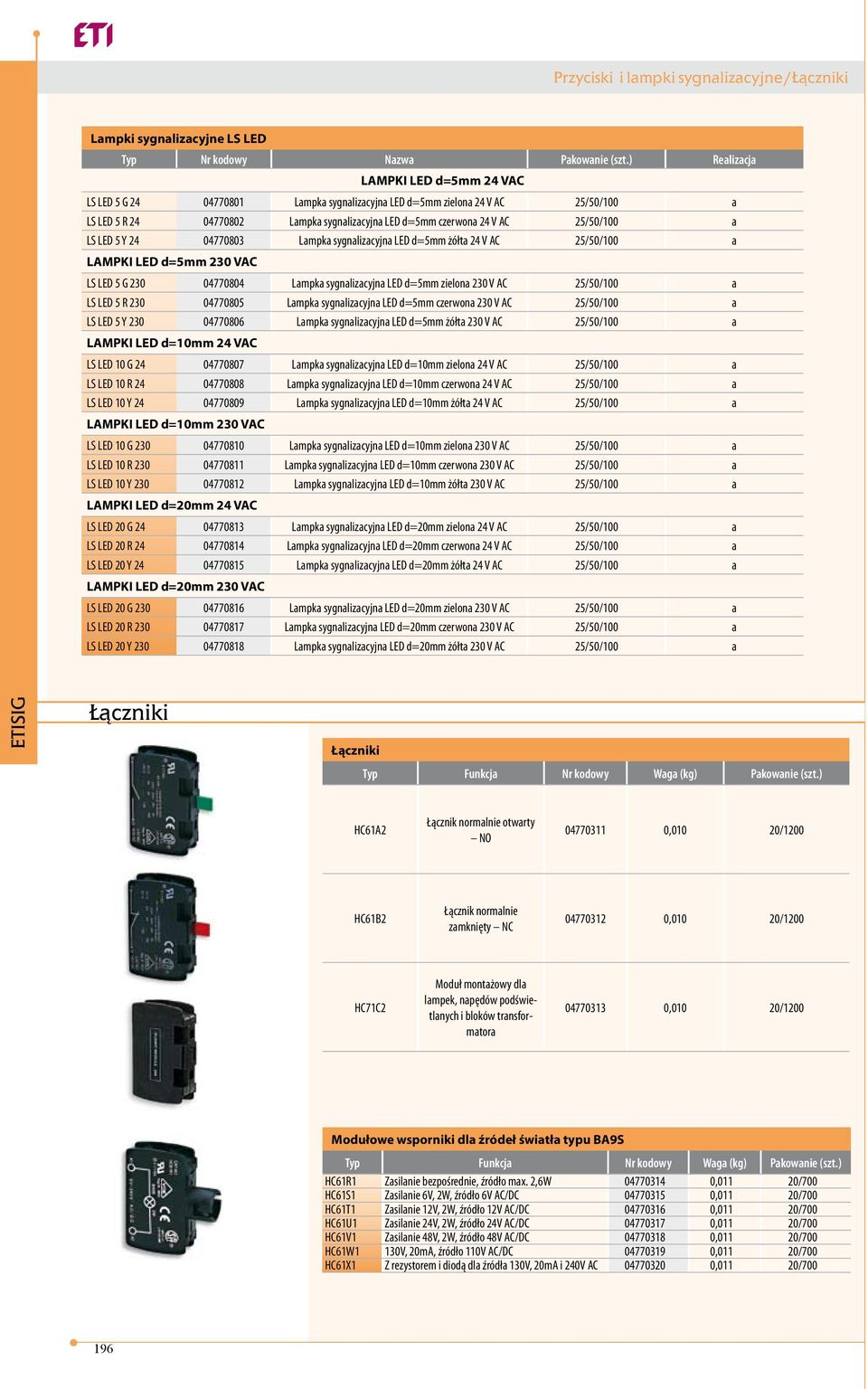 LED d=5mm 230 VAC LS LED 5 G 230 04770804 Lampka sygnalizacyjna LED d=5mm zielona 230 V AC 25/50/100 a LS LED 5 R 230 04770805 Lampka sygnalizacyjna LED d=5mm czerwona 230 V AC 25/50/100 a LS LED 5 Y