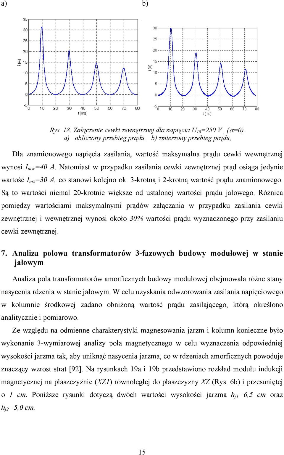 Natomiast w przypadku zasilania cewki zewnętrznej prąd osiąga jedynie wartość I mz =30 A, co stanowi kolejno ok. 3-krotną i 2-krotną wartość prądu znamionowego.