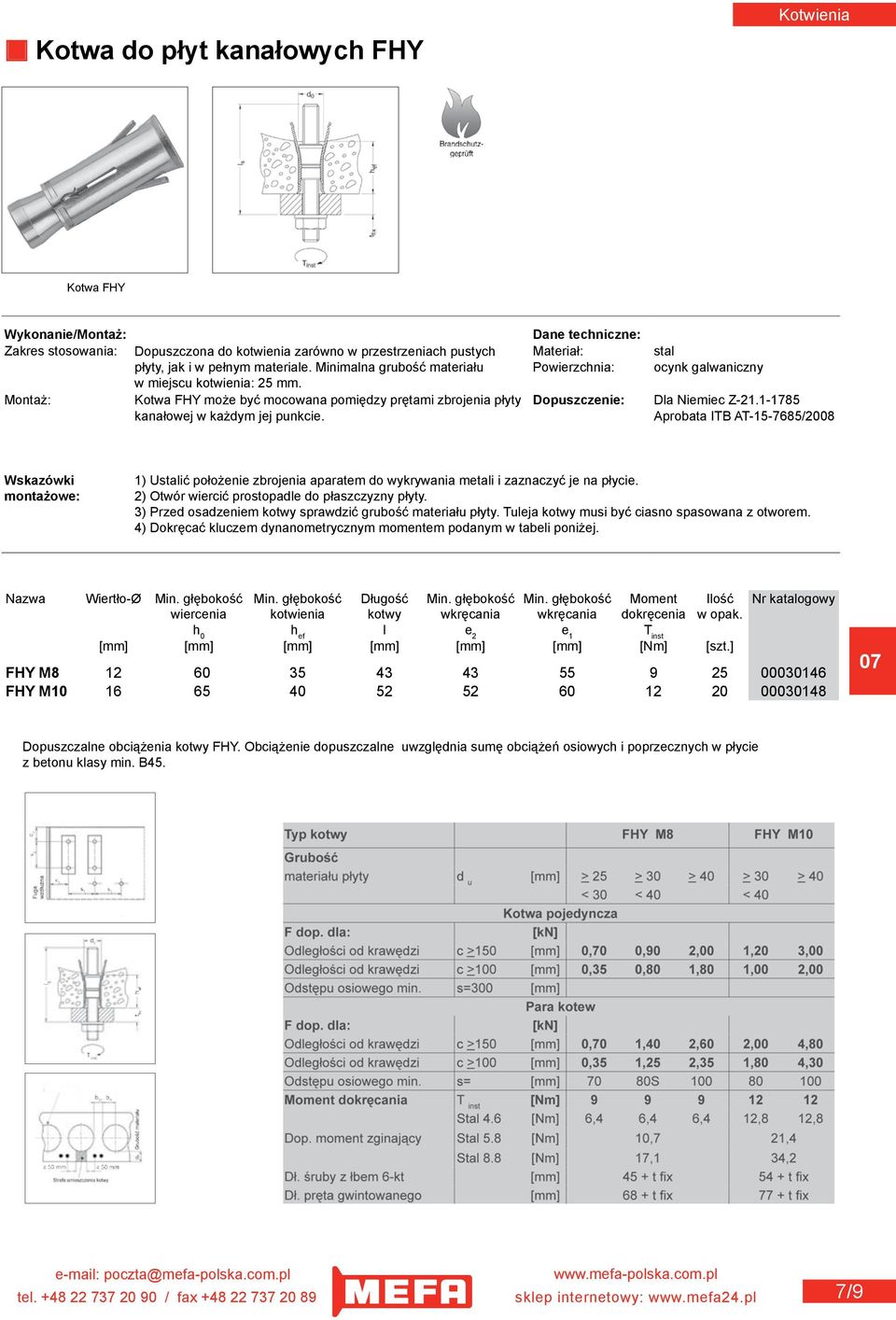 Materiał: Powierzchnia: stal ocynk galwaniczny Montaż: Kotwa FHY może być mocowana pomiędzy prętami zbrojenia płyty Dopuszczenie: Dla Niemiec Z-21.1-1785 kanałowej w każdym jej punkcie.