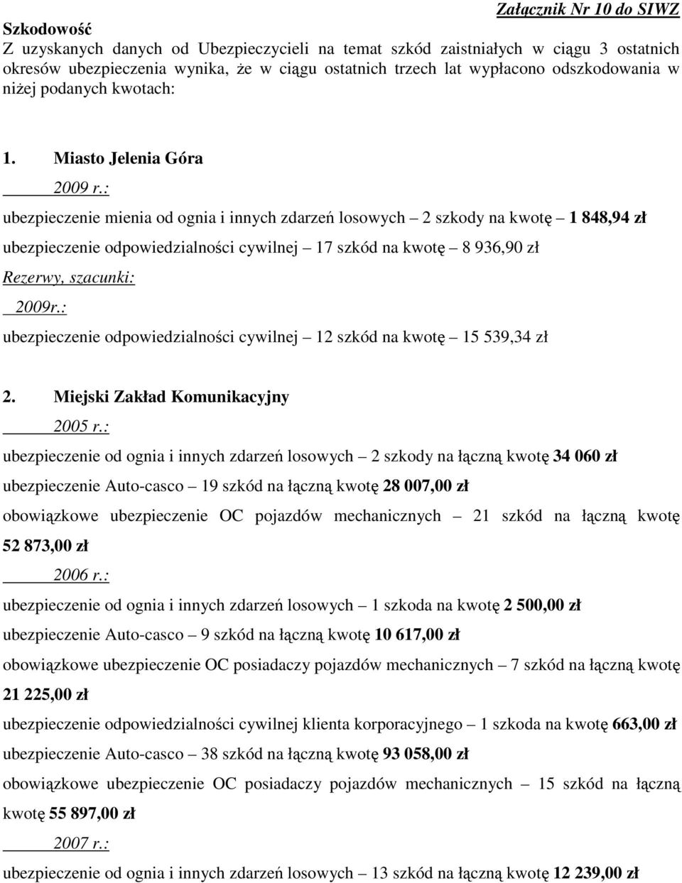 Miasto Jelenia Góra ubezpieczenie mienia od ognia i innych zdarzeń losowych 2 szkody na kwotę 1 848,94 ubezpieczenie odpowiedzialności cywilnej 17 szkód na kwotę 8 936,90 : 2009r.