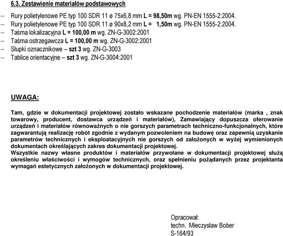 ZN-G-3004:2001 UWAGA: Tam, gdzie w dokumentacji projektowej zostało wskazane pochodzenie materiałów (marka, znak towarowy, producent, dostawca urządzeń i materiałów), Zamawiający dopuszcza oferowanie