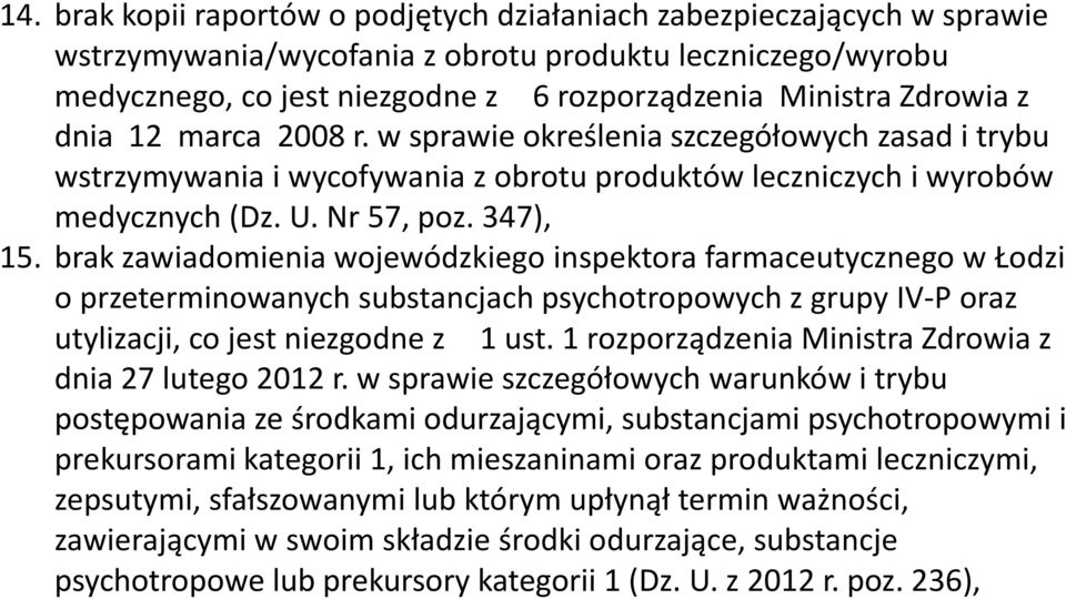 brak zawiadomienia wojewódzkiego inspektora farmaceutycznego w Łodzi o przeterminowanych substancjach psychotropowych z grupy IV-P oraz utylizacji, co jest niezgodne z 1 ust.