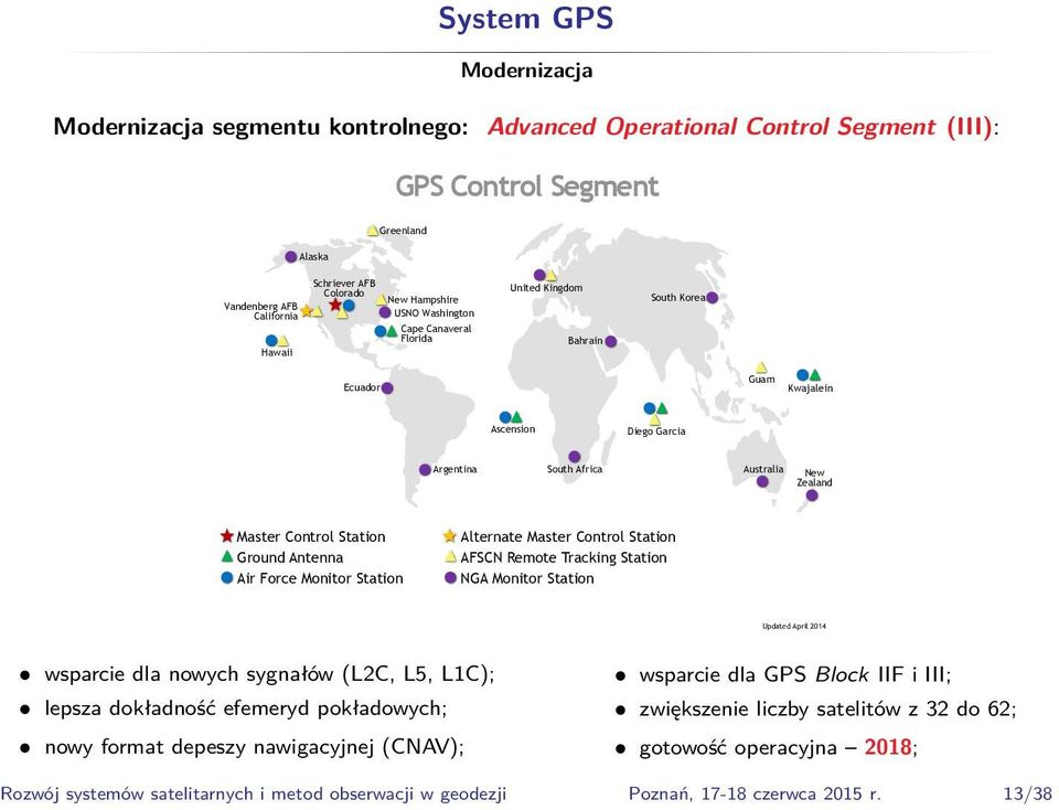 Ground Antenna Air Force Monitor Station Alternate Master Control Station AFSCN Remote Tracking Station NGA Monitor Station Updated April 2014 wsparcie dla nowych sygnałów (L2C, L5, L1C); lepsza