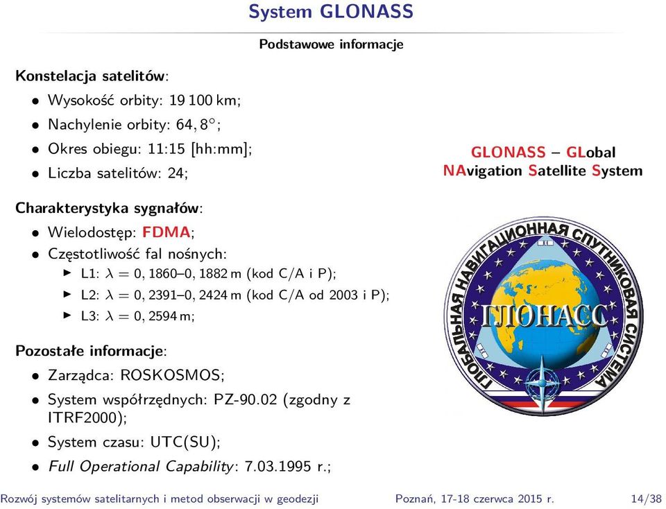 L2: λ = 0, 2391 0, 2424 m (kod C/A od 2003 i P); L3: λ = 0, 2594 m; Pozostałe informacje: Zarządca: ROSKOSMOS; System współrzędnych: PZ-90.