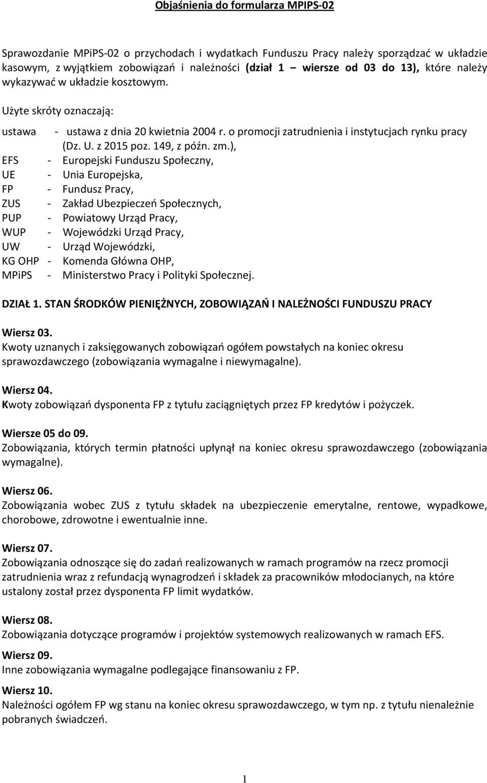 zm.), EFS - Europejski Funduszu Społeczny, UE - Unia Europejska, FP - Fundusz Pracy, ZUS - Zakład Ubezpieczeń Społecznych, PUP - Powiatowy Urząd Pracy, WUP - Wojewódzki Urząd Pracy, UW - Urząd