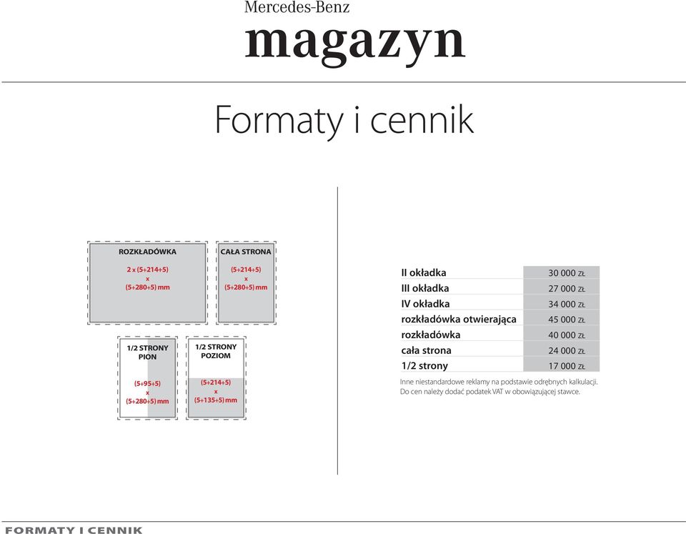 otwierająca rozkładówka cała strona 30 000 zł 27 000 zł 34 000 zł 45 000 zł 40 000 zł 24 000 zł 1/2 strony 17 000 zł