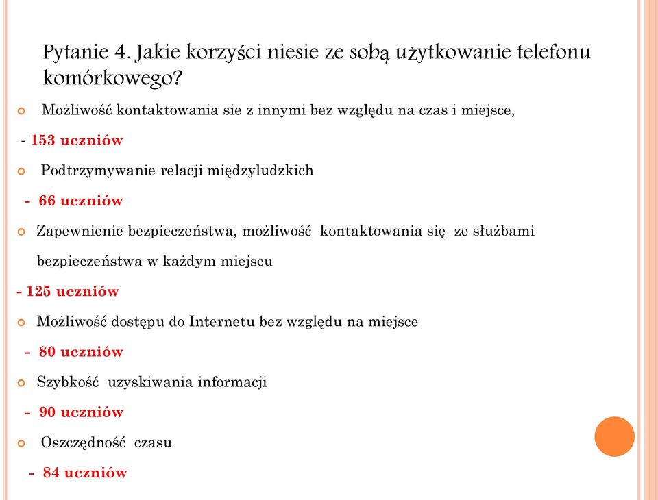 międzyludzkich - 66 uczniów Zapewnienie bezpieczeństwa, możliwość kontaktowania się ze służbami bezpieczeństwa w