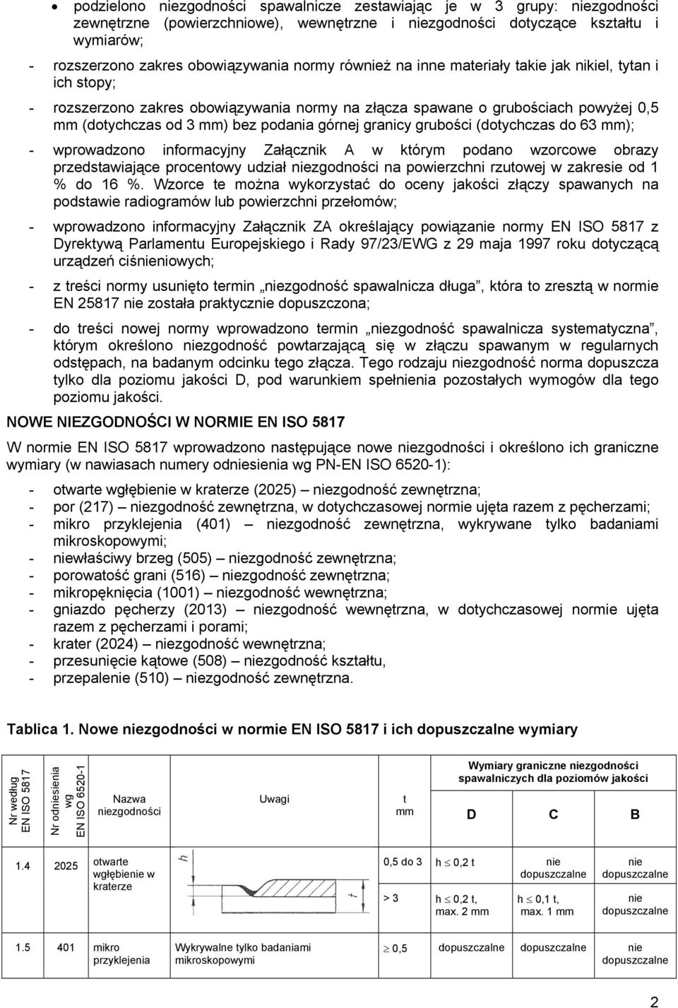 63 mm); wprowadzono informacyjny Załącznik A w kórym podano wzorcowe obrazy przedsawiające procenowy udział zgodności na powierzchni rzuowej w zakresie od 1 % do 16 %.