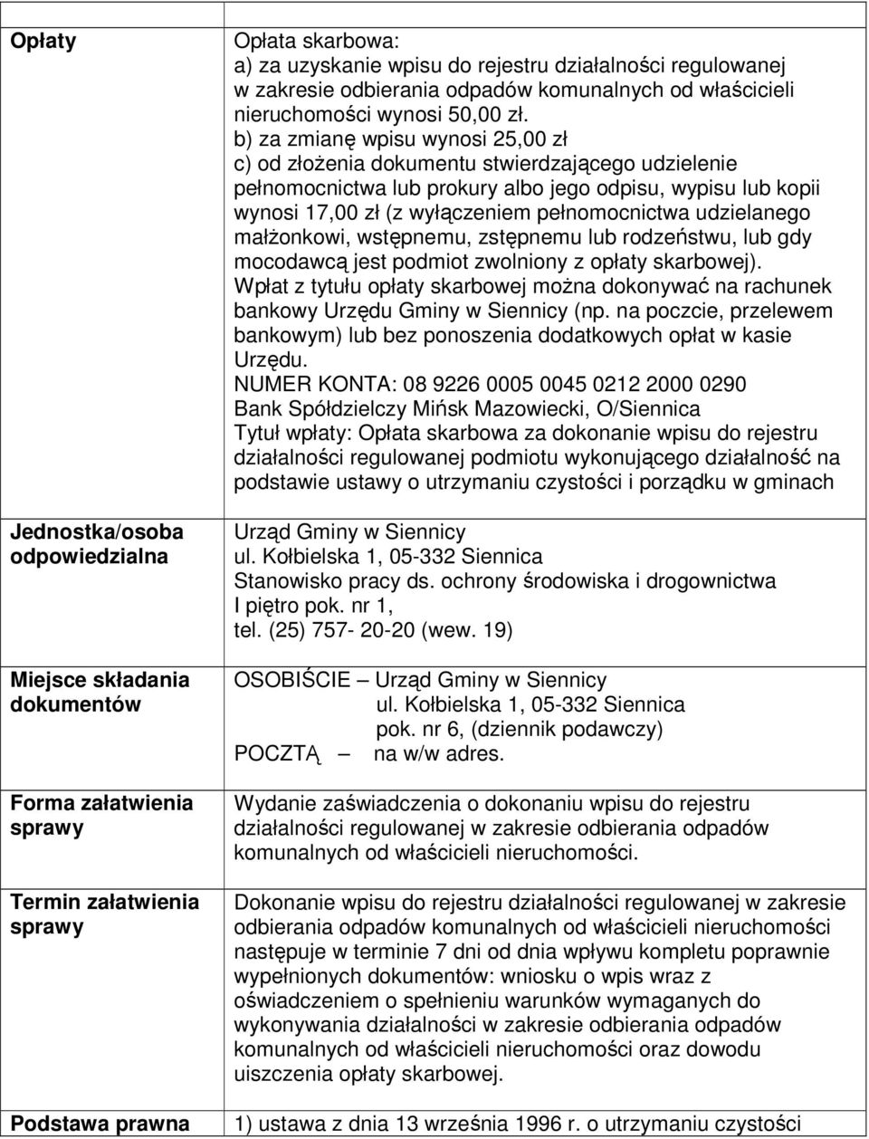 b) za zmianę wpisu wynosi 25,00 zł c) od złożenia dokumentu stwierdzającego udzielenie pełnomocnictwa lub prokury albo jego odpisu, wypisu lub kopii wynosi 17,00 zł (z wyłączeniem pełnomocnictwa