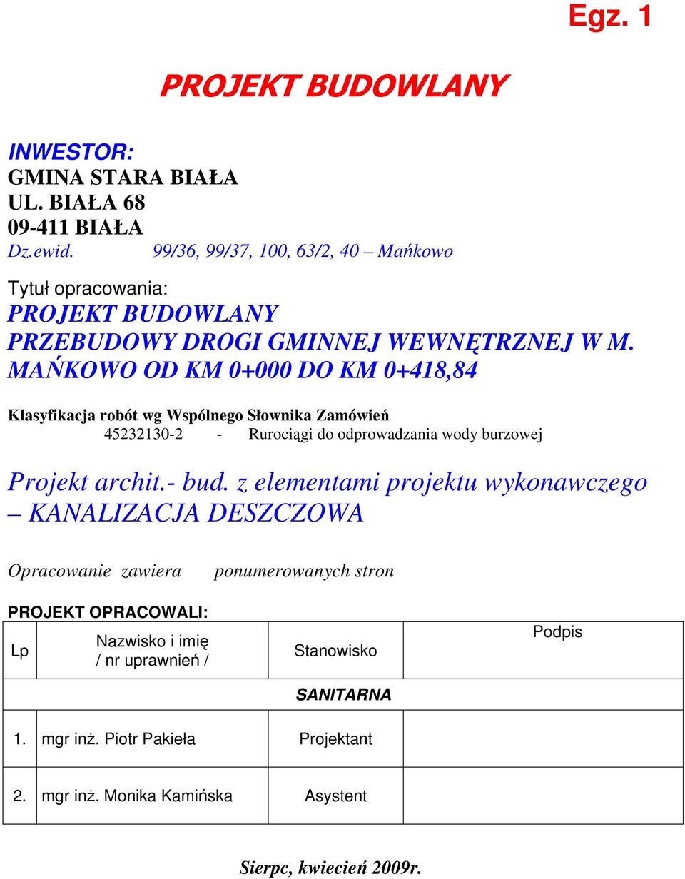 MAŃKOWO OD KM 0+000 DO KM 0+418,84 Klasyfikacja robót wg Wspólnego Słownika Zamówień 45232130-2 - Rurociągi do odprowadzania wody burzowej Projekt archit.- bud.