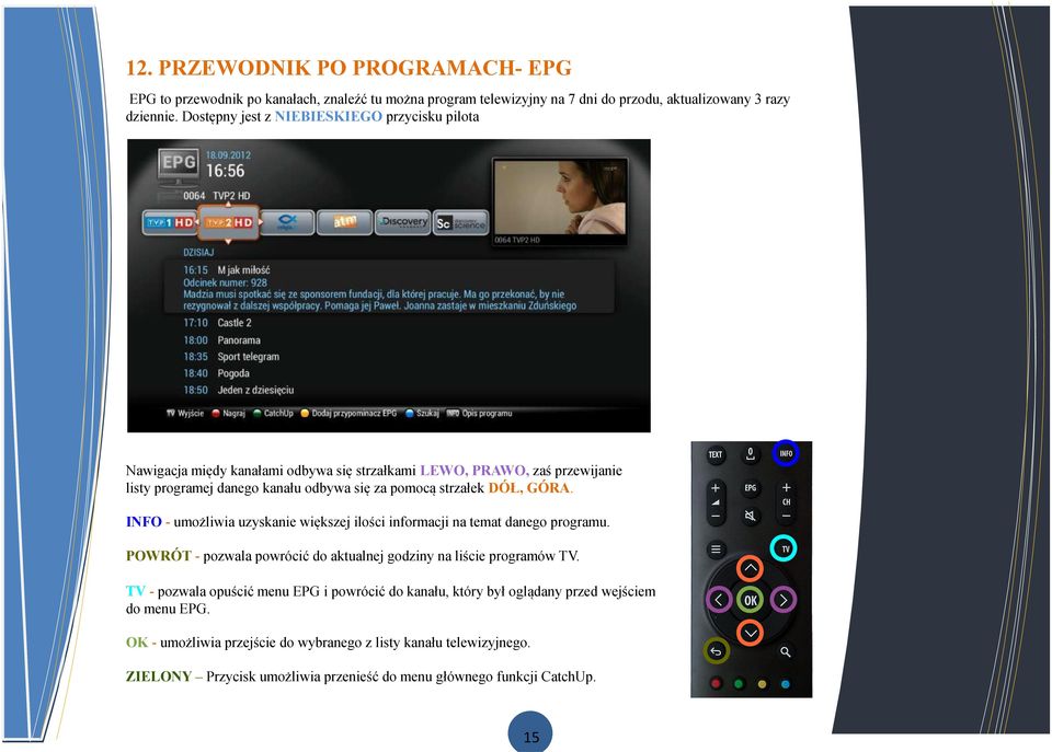 DÓŁ, GÓRA. INFO - umożliwia uzyskanie większej ilości informacji na temat danego programu. POWRÓT - pozwala powrócić do aktualnej godziny na liście programów TV.
