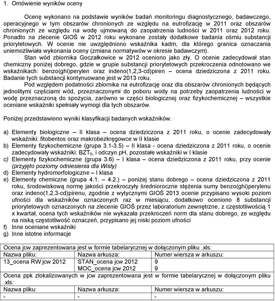 W ocenie nie uwzględniono wskaźnika kadm, dla którego granica oznaczania uniemożliwiała wykonania oceny (zmiana normatywów w okresie badawczym).