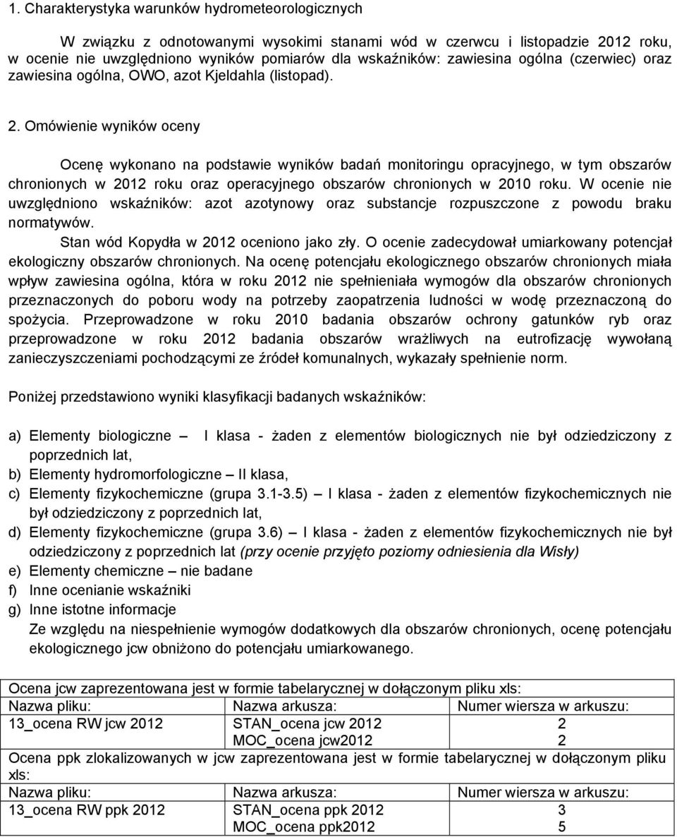 Omówienie wyników oceny Ocenę wykonano na podstawie wyników badań monitoringu opracyjnego, w tym obszarów chronionych w 2012 roku oraz operacyjnego obszarów chronionych w 2010 roku.