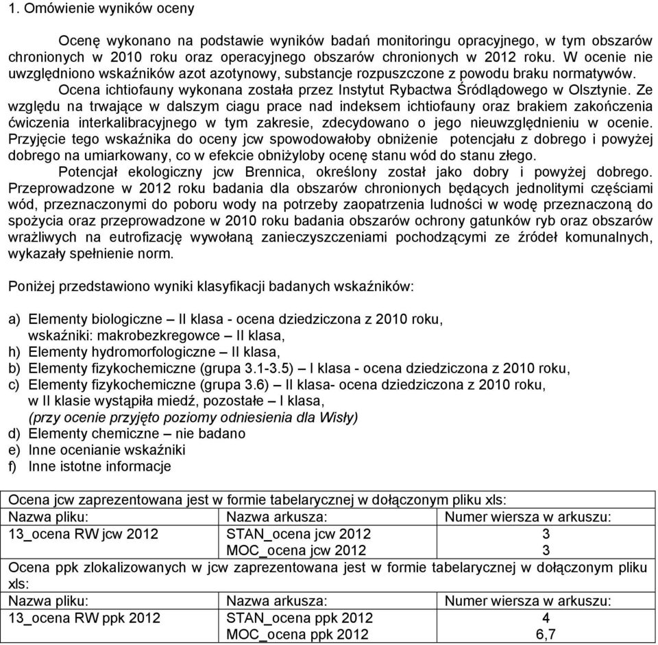 Ze względu na trwające w dalszym ciagu prace nad indeksem ichtiofauny oraz brakiem zakończenia ćwiczenia interkalibracyjnego w tym zakresie, zdecydowano o jego nieuwzględnieniu w ocenie.