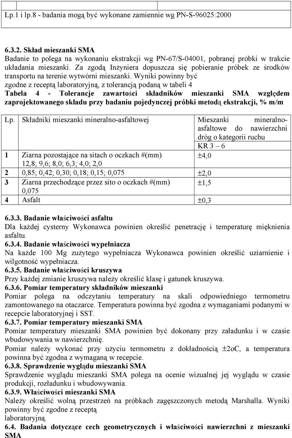 Wyniki powinny być zgodne z receptą laboratoryjną, z tolerancją podaną w tabeli 4 Tabela 4 - Tolerancje zawartości składników mieszanki SMA względem zaprojektowanego składu przy badaniu pojedynczej