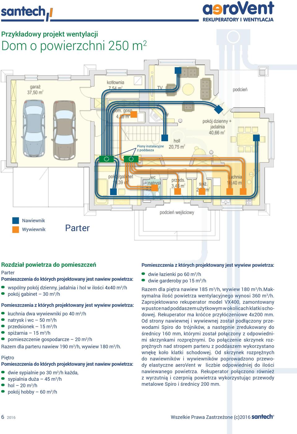 wc 50 m 3 /h przedsionek 15 m 3 /h spiżarnia 15 m 3 /h pomieszczenie gospodarcze 20 m 3 /h Razem dla parteru nawiew 190 m 3 /h, wywiew 180 m 3 /h.