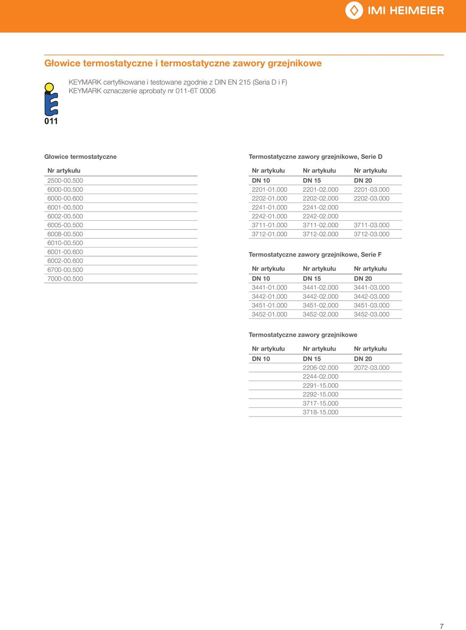 500 Termostatyczne zawory grzejnikowe, Serie D Nr artykułu Nr artykułu Nr artykułu DN 10 DN 15 DN 20 2201-01.000 2201-02.000 2201-03.000 2202-01.000 2202-02.000 2202-03.000 2241-01.000 2241-02.