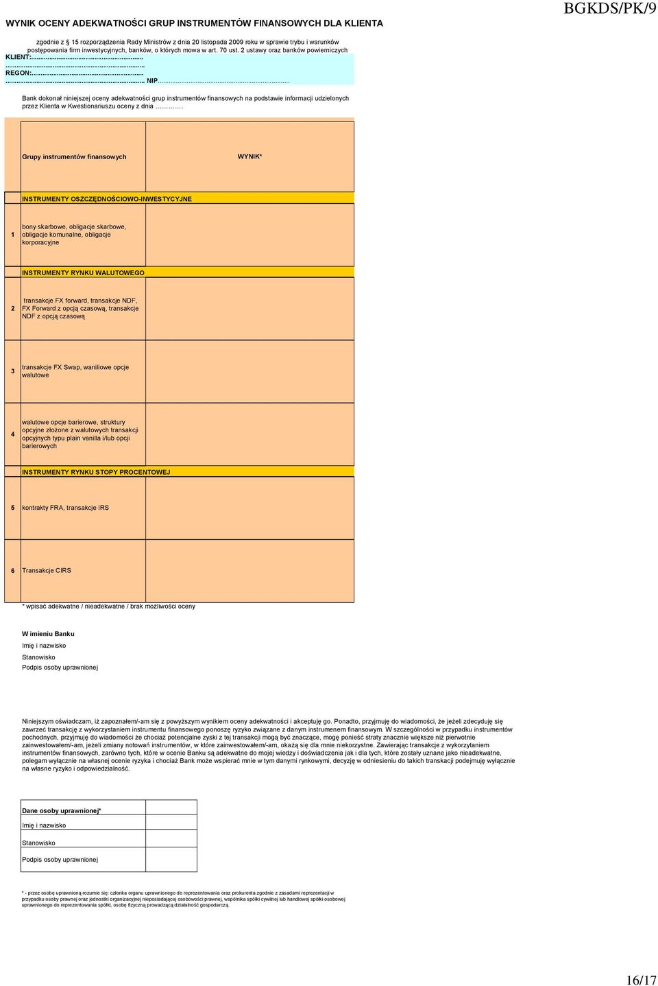 .. Bank dokonał niniejszej oceny adekwatności grup instrumentów finansowych na podstawie informacji udzielonych przez Klienta w Kwestionariuszu oceny z dnia.