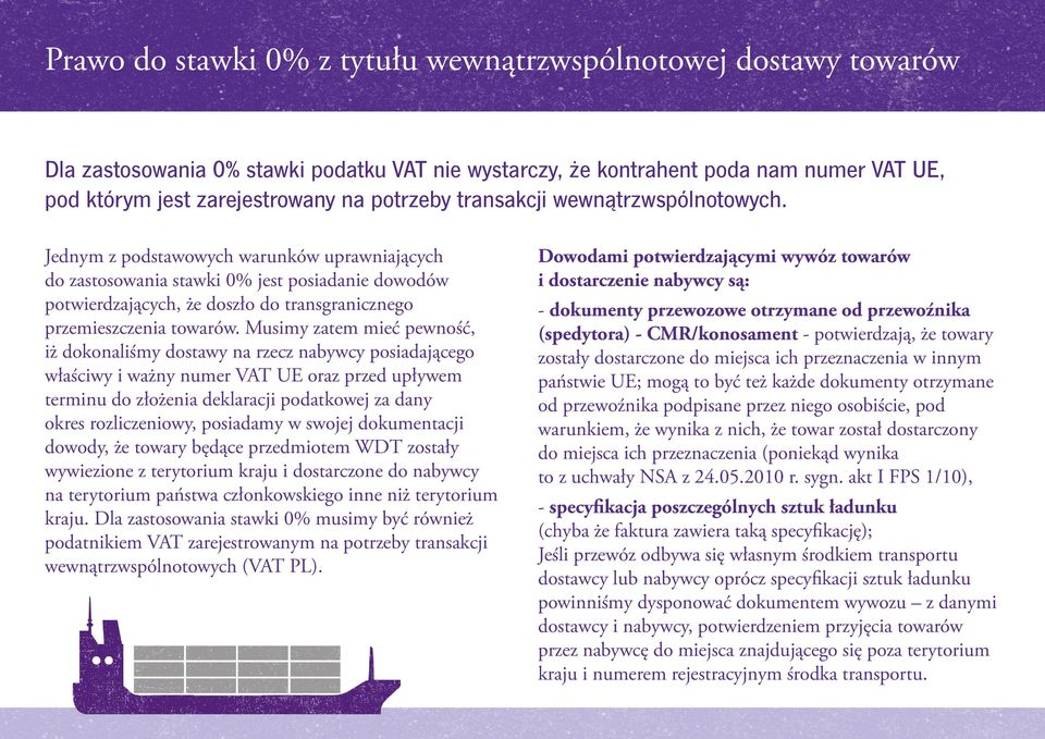 Jednym z podstawowych warunków uprawniających do zastosowania stawki 0% jest posiadanie dowodów potwierdzających, że doszło do transgranicznego przemieszczenia towarów.