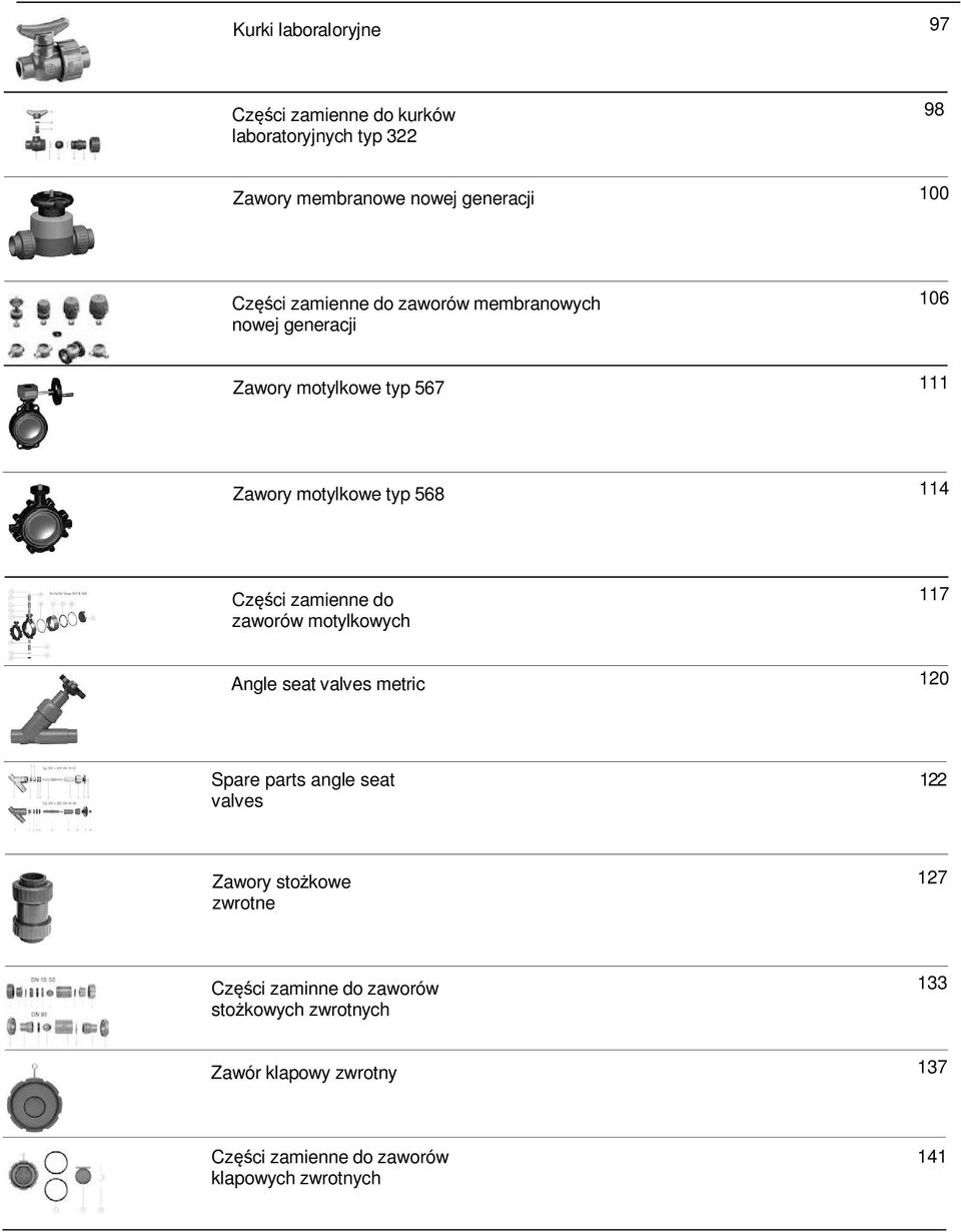 zamienne do zaworów motylkowych 117 Angle seat valves metric 120 Spare parts angle seat valves 122 Zawory sto kowe