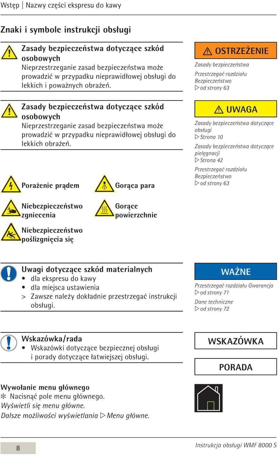 Porażenie prądem Gorąca para Ostrzeżenie Zasady bezpieczeństwa Przestrzegać rozdziału Bezpieczeństwo w od strony 63 Uwaga Zasady bezpieczeństwa dotyczące obsługi w Strona 10 Zasady bezpieczeństwa