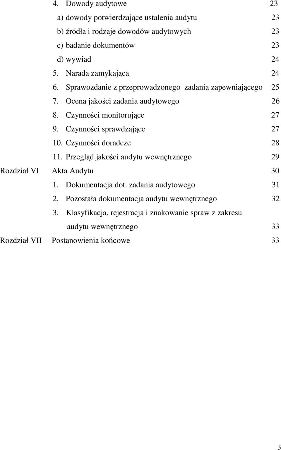 Czynności sprawdzające 27 10. Czynności doradcze 28 11. Przegląd jakości audytu wewnętrznego 29 Rozdział VI Akta Audytu 30 1. Dokumentacja dot.