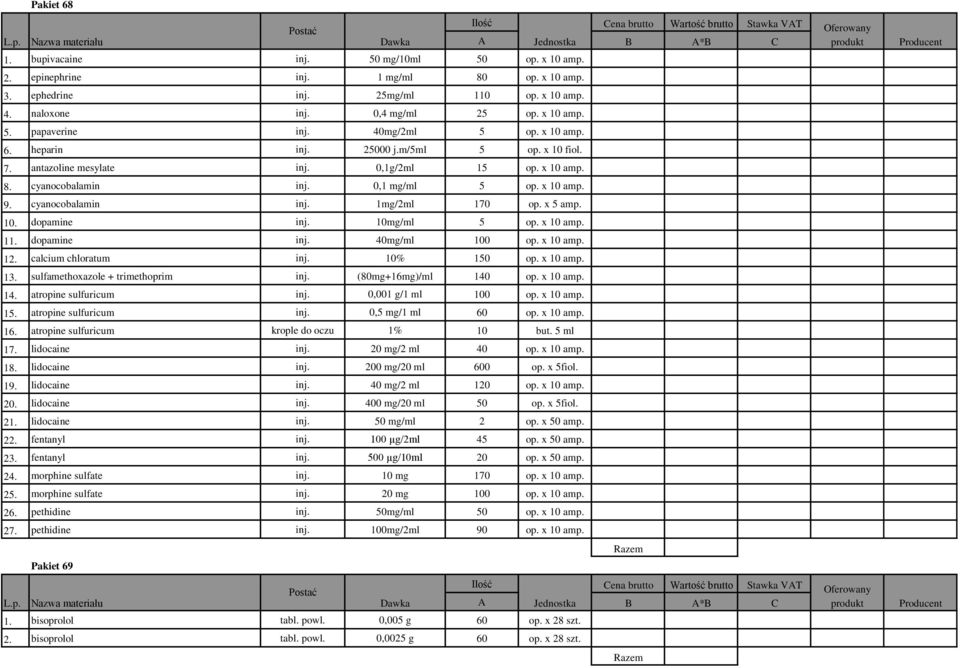 x 10 amp. 11. dopamine 40mg/ml 100 op. x 10 amp. 12. calcium chloratum 10% 150 op. x 10 amp. 13. sulfamethoxazole + trimethoprim (80mg+16mg)/ml 140 op. x 10 amp. 14. atropine sulfuricum 0,001 g/1 ml 100 op.