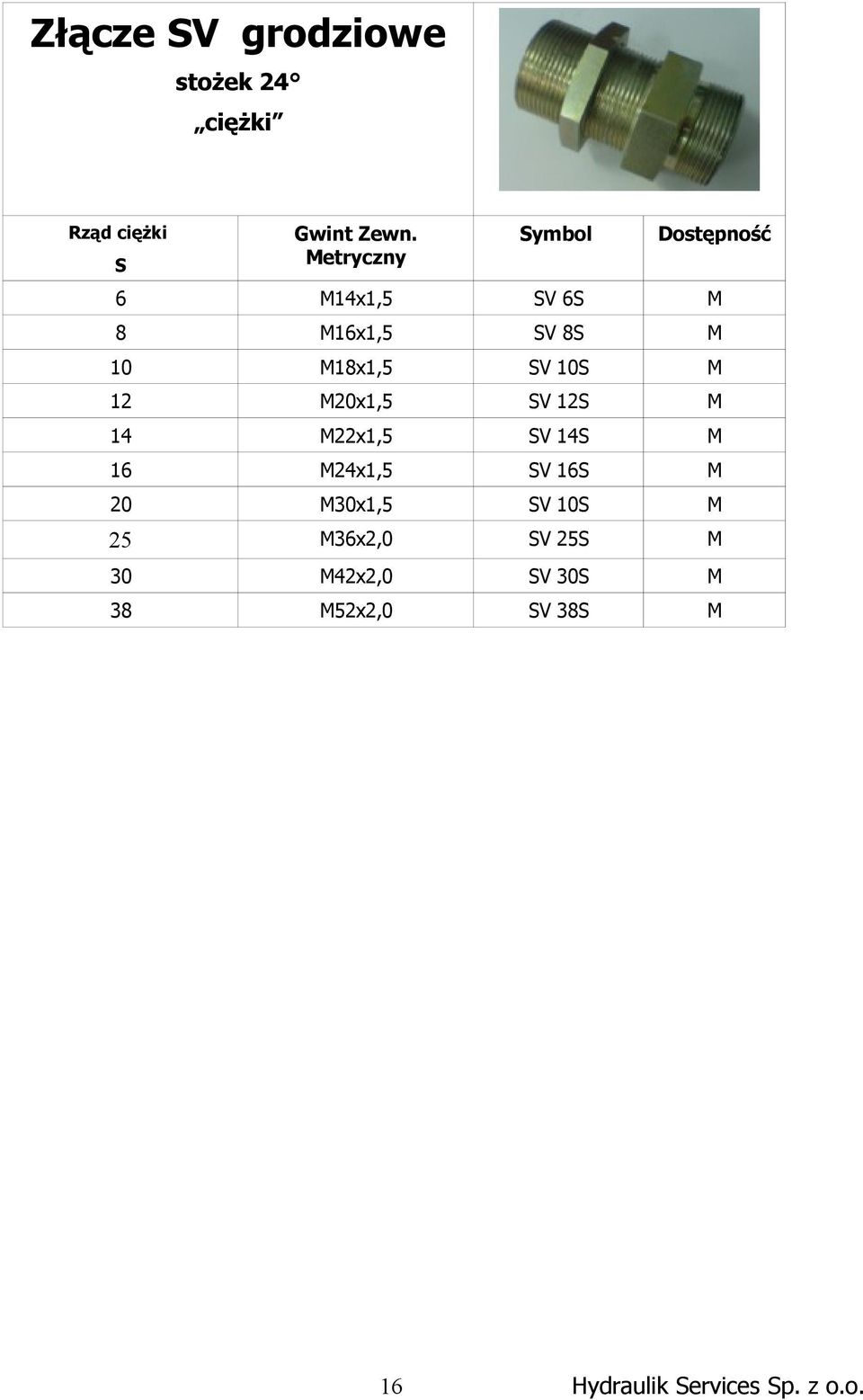 V 14 M 16 M24x1,5 V 16 M 20 M30x1,5 V 10 M 25 M36x2,0 V 25 M 30