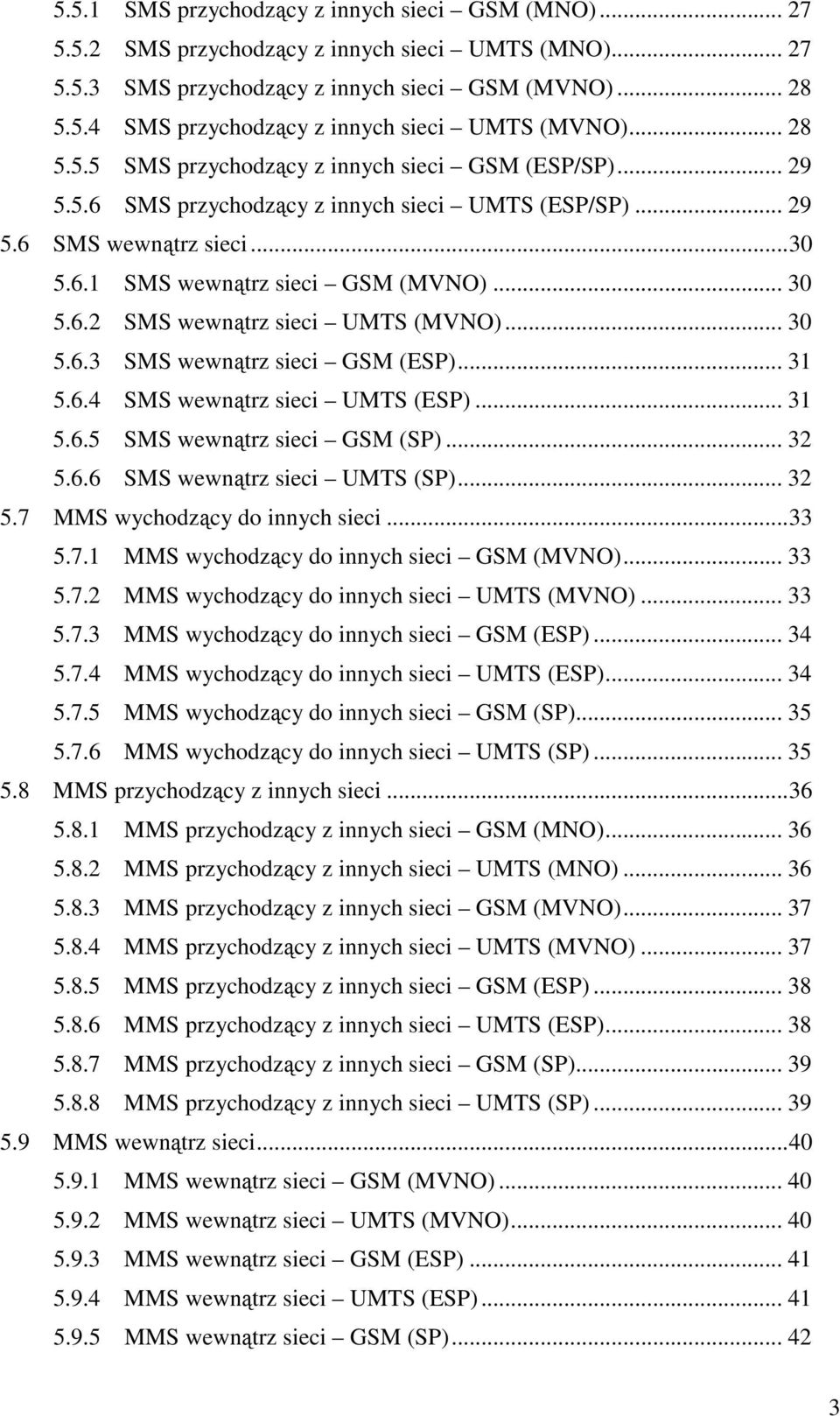 .. 30 5.6.3 SMS wewnątrz sieci GSM (ESP)... 31 5.6.4 SMS wewnątrz sieci UMTS (ESP)... 31 5.6.5 SMS wewnątrz sieci GSM (SP)... 32 5.6.6 SMS wewnątrz sieci UMTS (SP)... 32 5.7 MMS wychodzący do innych sieci.