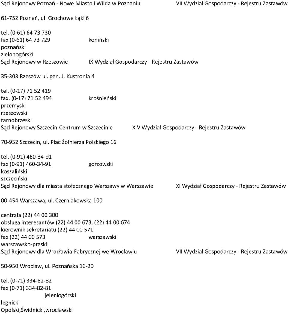 (0-17) 71 52 419 fax. (0-17) 71 52 494 krośnieński przemyski rzeszowski tarnobrzeski Sąd Rejonowy Szczecin-Centrum w Szczecinie XIV Wydział Gospodarczy - Rejestru Zastawów 70-952 Szczecin, ul.