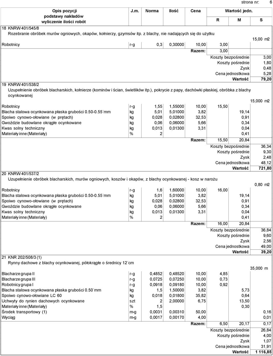79,20 19 KNRW 401/538/2 Uzupełnienie obróbek blacharskich, kołnierze (kominów i ścian, świetlików itp.