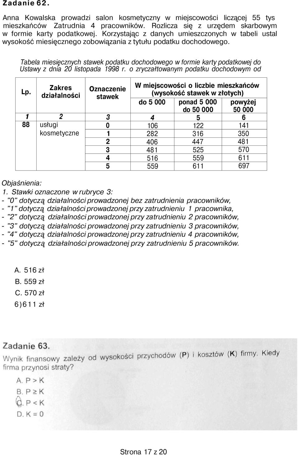 Tabela miesięcznych stawek podatku dochodowego w formie karty podatkowej do Ustawy z dnia 20 listopada 1998 r. o zryczałtowanym podatku dochodowym od Lp.