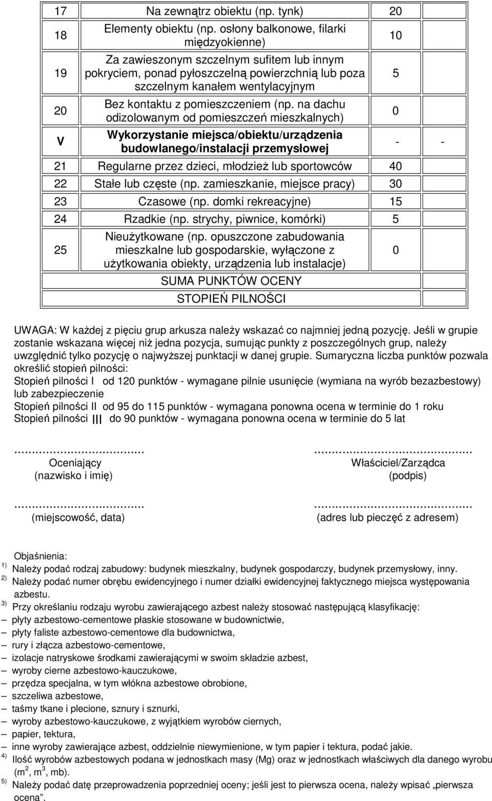 (np. na dachu odizolowanym od pomieszczeń mieszkalnych) Wykorzystanie miejsca/obiektu/urządzenia budowlanego/instalacji przemysłowej 21 Regularne przez dzieci, młodzieŝ lub sportowców 40 22 Stałe lub