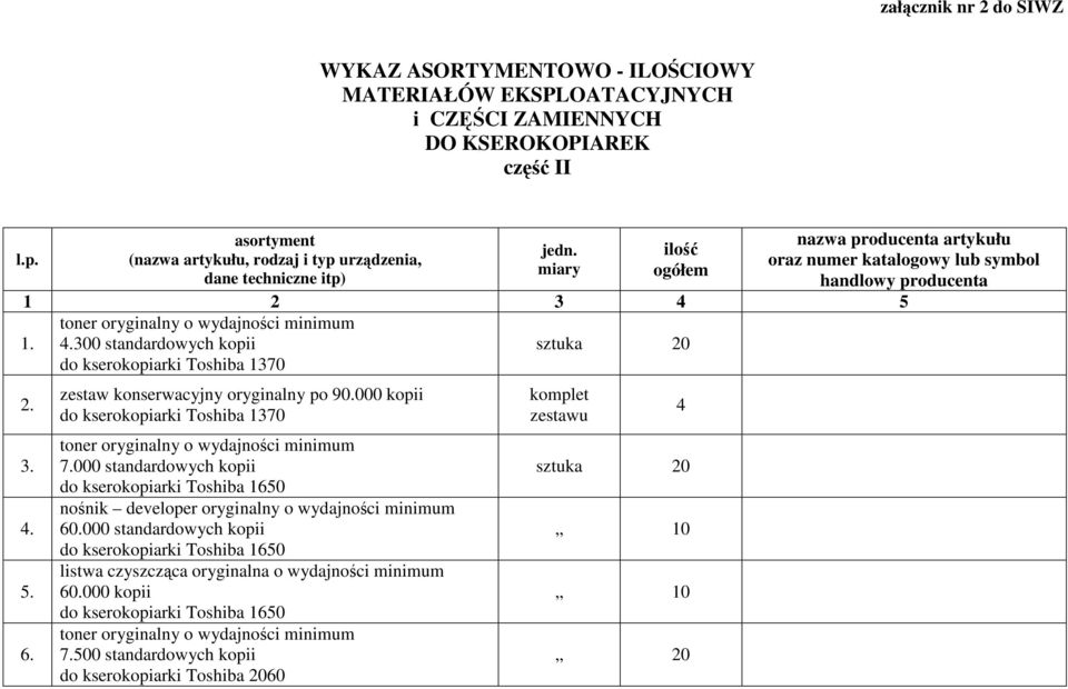 5 l.p. 1. 2. 3. 4. 5. 6. 4.300 standardowych kopii do kserokopiarki Toshiba 1370 zestaw konserwacyjny oryginalny po 90.000 kopii do kserokopiarki Toshiba 1370 7.